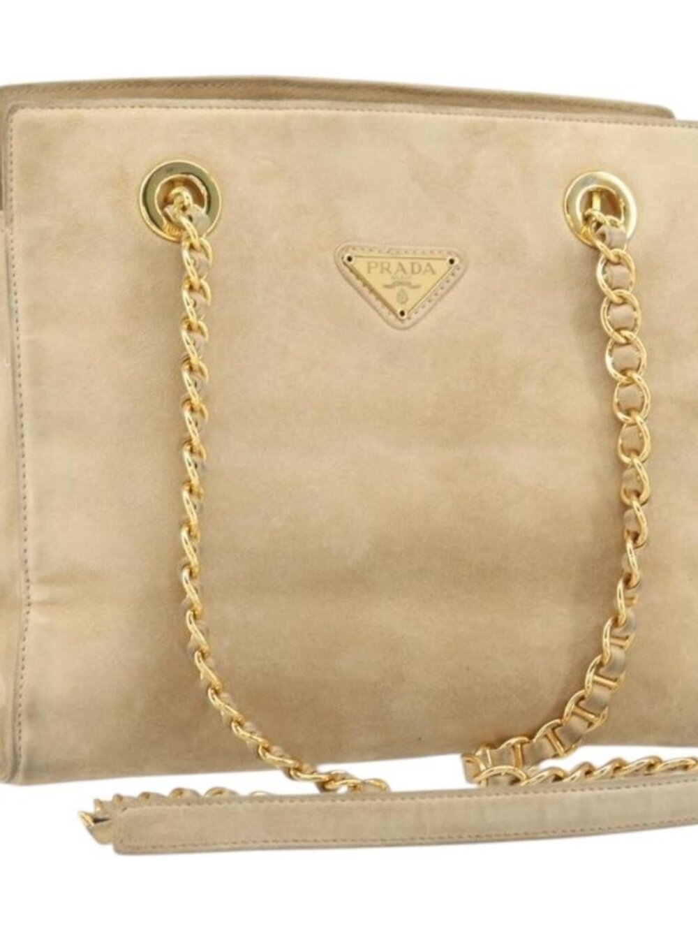 PRADA Chain Shoulder Bag Suede Beige Gold Auth 169631